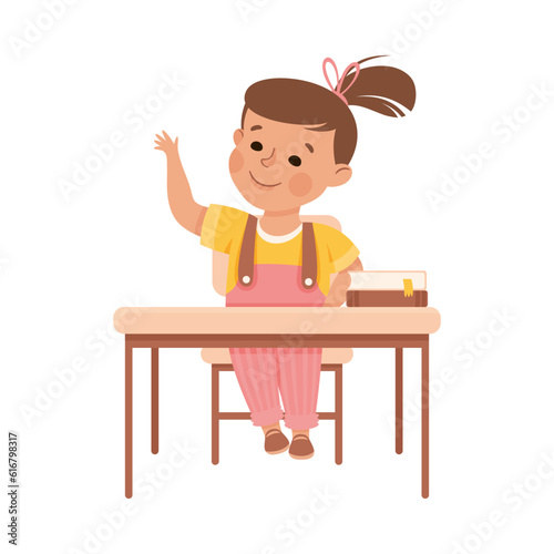 Cute Girl Pupil in Classroom at Desk Raising Hand Have Lesson Vector Illustration
