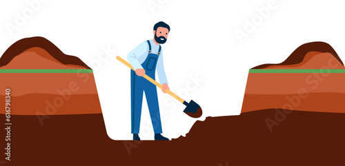 Male construction worker digging hole with shovel. Industrial land excavation. Workman in overalls uniform. Builder excavating dirt. Digger occupation. Road or farm work. Vector concept