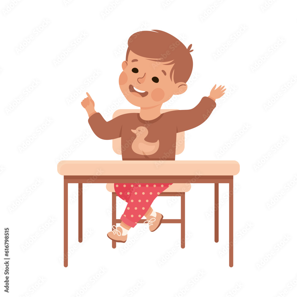 Cute Boy Pupil in Classroom at Desk Raising Hand Have Lesson Vector Illustration Cute Boy Pupil in Classroom at Desk Raising Hand Have Lesson Vector Illustration