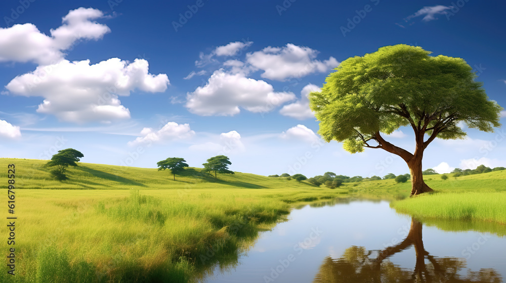 Naklejka premium a beautiful relax realistic landscape with a small river and a tree, ai generated image