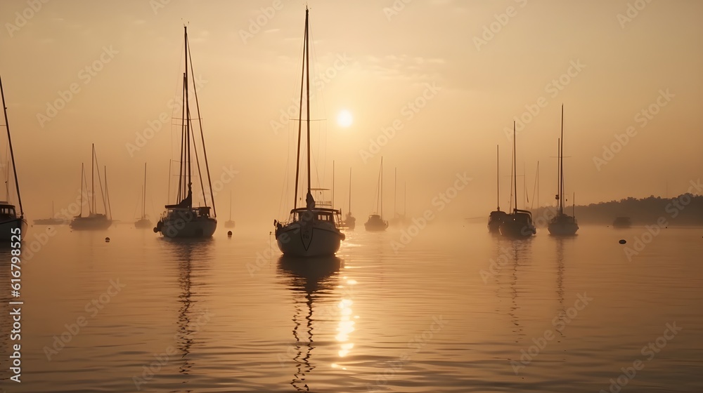 Silhouette of sailboat on calm ocean at sunrise, reflecting peaceful and tranquil atmosphere.