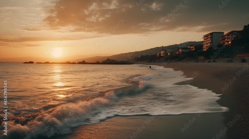 Serene Sunset at Coastal Beach: Glowing Sky, Rolling Waves, and Surfers Embracing Nature, sunset, surfers, waves, serene water, tranquil sky, coastal beauty, peaceful environment.