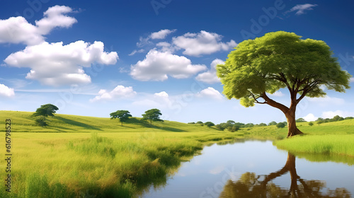 a beautiful relax realistic landscape with a small river and a tree  ai generated image
