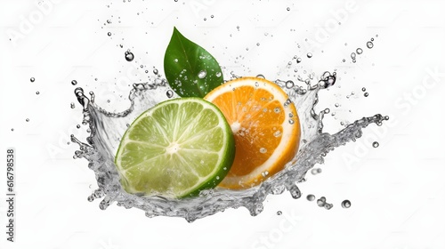 Slice of citrus and orange with water splash white background for advertisement and commercial.