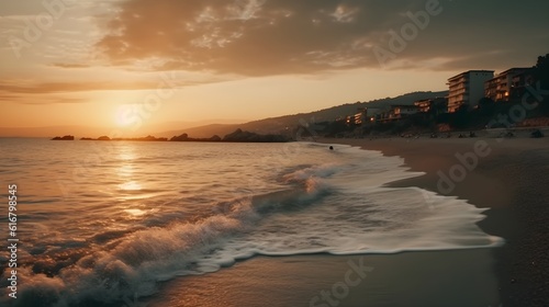 Serene Sunset at Coastal Beach  Glowing Sky  Rolling Waves  and Surfers Embracing Nature  sunset  surfers  waves  serene water  tranquil sky  coastal beauty  peaceful environment.