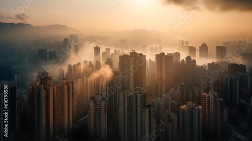 Mysterious urban skyline at dawn, with fog, skyscrapers, and panoramic cityscape.