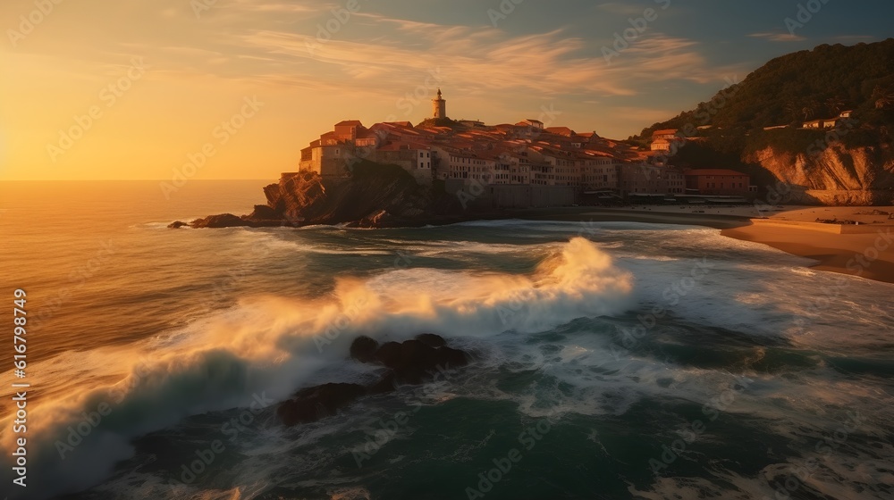 Captivating coastal sunset with beach, vibrant sky, building, ocean, gentle waves, distant urban architecture, and serene sea beauty in nature.