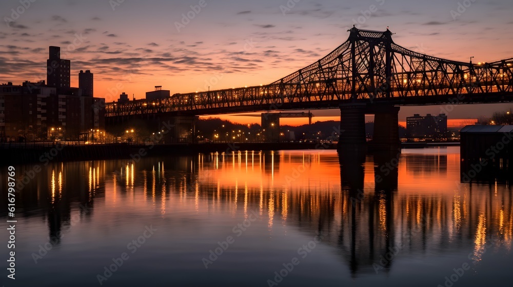 Captivating cityscape with illuminated bridge and stunning reflection on river evening sunset.