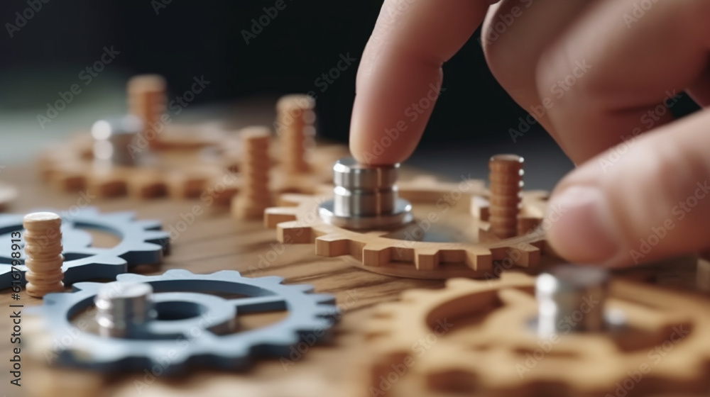 Close-up image of human hands and wooden gears. Teamwork concept.generative ai Close-up image of human hands and wooden gears. Teamwork concept.generative ai