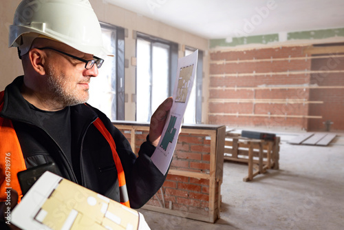 Man architect. Builder with...