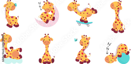 Cartoon giraffe characters. Cute giraffes in different poses. Young baby animal playing and sleeping. Safari zoo, exotcic animal nowaday vector set