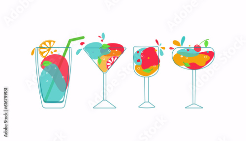 A set of delicious summer alcoholic cocktails. Different colored drinks in wine glasses.  Mixed cold drinks. Fresh exotic tropical beach bar. Alcohol, lemonade, vector icon on white background. 
