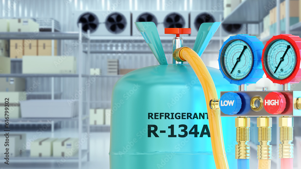 Refrigerant r134a. Freon for filling refrigerators. Tank with pressure