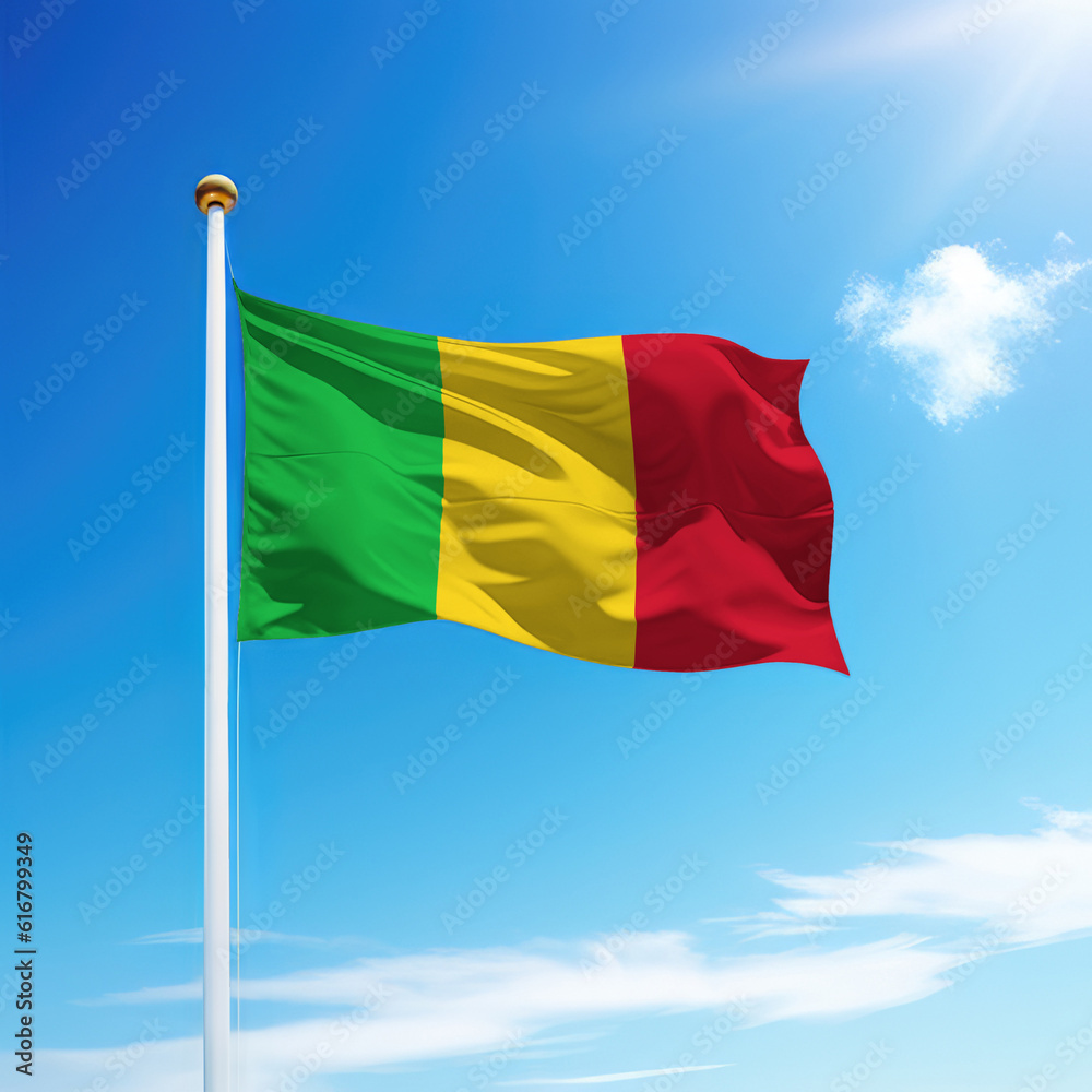 Waving flag of Mali on flagpole with sky background. Waving flag of Mali on flagpole with sky background.