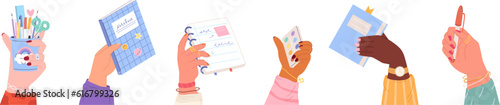 Hands holding stationery and books, notebook and pen. Stylish students hand with rings and bracelets, education, management vector set