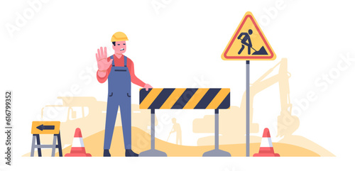 Road worker prohibits passage because street repair work is in progress. Highway renovation. Barrier or roadside digging sign. Roadway engineering. Workman in overalls. Vector concept