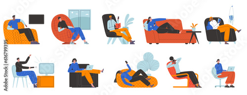 Sedentary lifestyle cartoon people. Guys and girls lying on sofas. Men and women sitting in armchairs. Apathetic and tired characters. Comfortable couches. Vector relaxing persons set