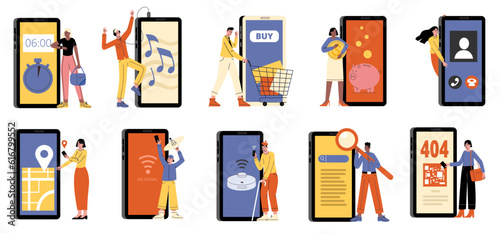Smartphone use functions. People employ different mobile services and applications. Multifunctional device. Shopping payments. Gadgets control. Search and call. Vector phone app set