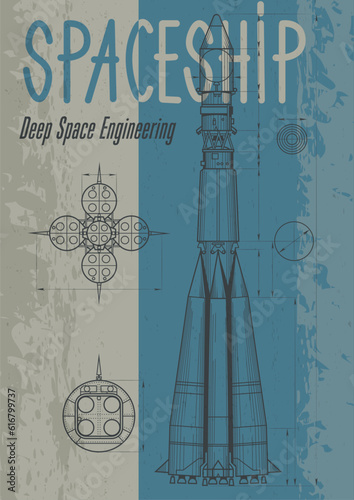 Retro Futurism Style Spaceship Drawing. Spacecraft Engineering Technology Poster