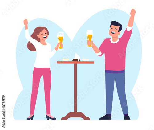 Young couple drink beer. Happy male and female holding glasses. Pub table. Oktoberfest toast. People clinking ale pint mugs. Froth alcohol beverage. Holiday party in bar. Vector concept