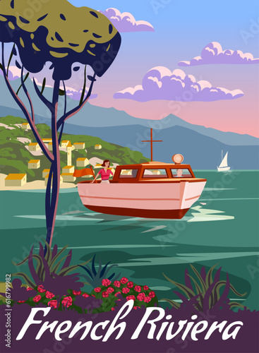 French Riviera Motorboat coast poster vintage. Resort, coast, sea, beach. Retro style illustration vector