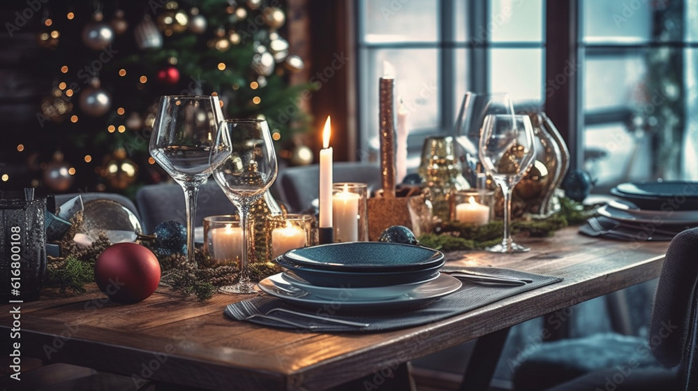Festive table setting for Christmas or New Year dinner in cozy living room.generative ai