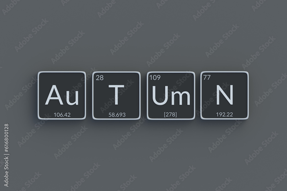 Word autumn in periodic table of elements style. Top view. 3d render Word autumn in periodic table of elements style. Top view. 3d render