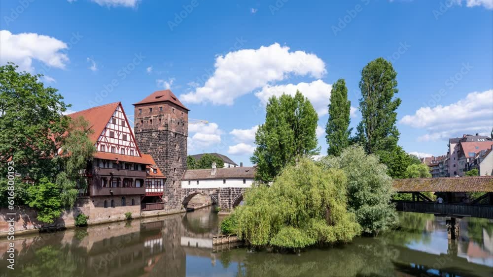 Timelapse video of the old town of Nuremberg, Germany, with the Hangman's Bridge, the Pegnitz River and the Water Tower. 