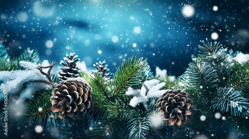 Christmas and New Year background with fir branches, pine cones and snow.generative ai