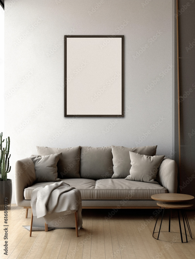 Mockup of a living room with an empty frame, created with AI generative technology Mockup of a living room with an empty frame, created with AI generative technology