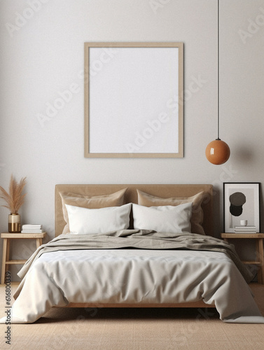 Mockup of a bedroom with an empty frame, created with AI generative technology