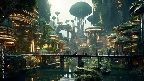 Solarpunk futuristic city in the nature, created with AI generative technology