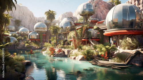 Solarpunk futuristic city in the nature, created with AI generative technology