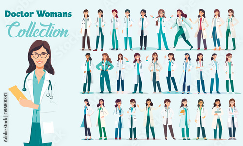 Young beautiful vector doctor woman figures collection. Set of vector girls
