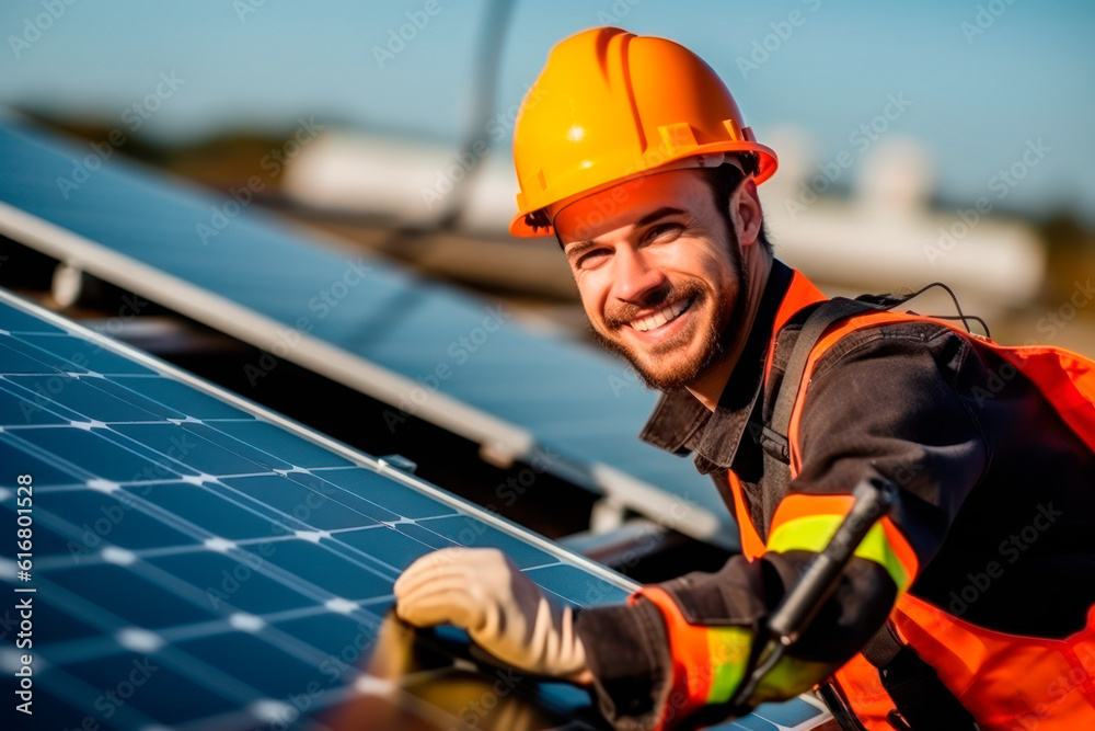 Clean technology in action: professional installer of photovoltaic solar panels working on a self-consumption installation Clean technology in action: professional installer of photovoltaic solar panels working on a self-consumption installation