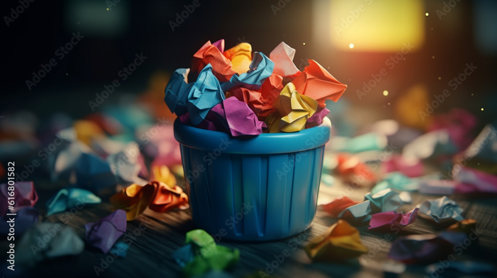 colorful crumpled paper in a cup on a wooden table.generative ai colorful crumpled paper in a cup on a wooden table.generative ai
