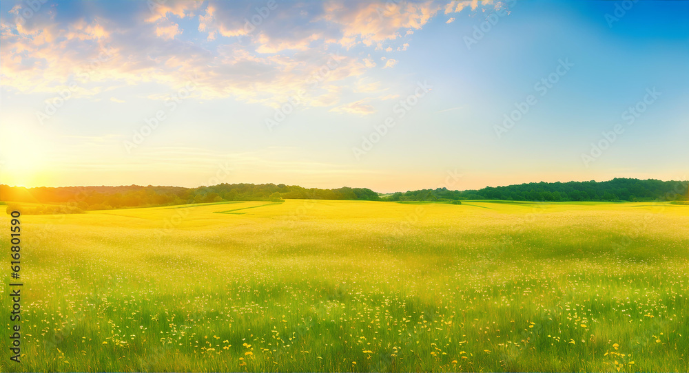 Illustration of a field with green grass and sunlight. Blue sky with clouds. AI