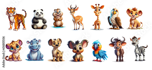 Colorful set of little cartoon animals characters. Baby animals icons set isolated on white background. Cartoon character design. Color illustration of wild animal world. Vector illustration photo