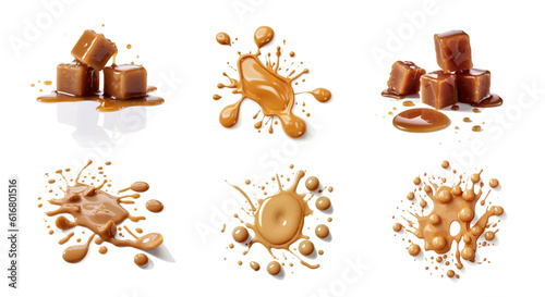 Caramel collection. Appetizing caramel cubes and creamy caramel drops on a white background. Food concept. Vector illustration