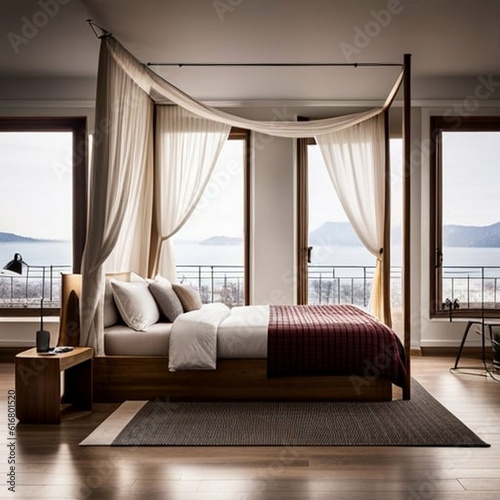 cozy bedroom with four-poster bed, plush bedding, soft lighting, large windows with natural light, decorative throw pillows, high resolution textures, intimate and relaxing © khaladok