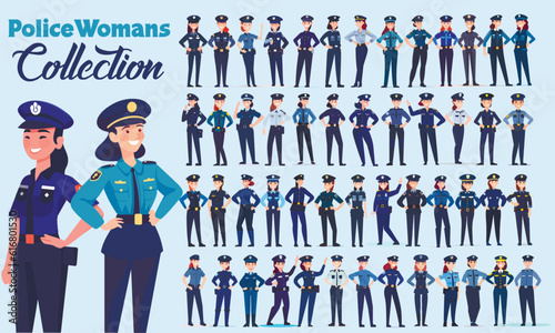 Young beautiful vector police woman figures collection. Set of vector girls