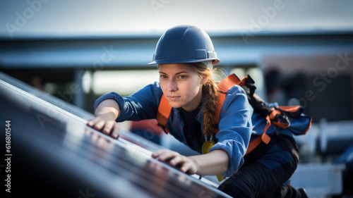 Professional female installer of photovoltaic solar panels at work in the energy of the future