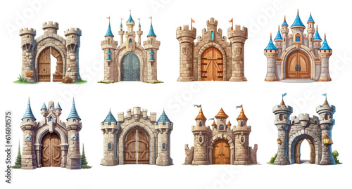 Cartoon stone castle gate with big wooden gate isolated on white background, vector illustration set. Fairytale medieval gate of a fortress or castle. Design for cartoon, book, game. Vector
