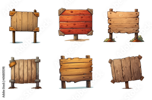Cartoon wooden sign, pointer with blank space, on white background, vector illustration set. Fairy tale signs made of wood. Design for cartoon, book, game. Vector illustration