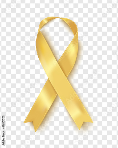 Realistic gold ribbon, symbol of childhood cancer awareness, vector illustration