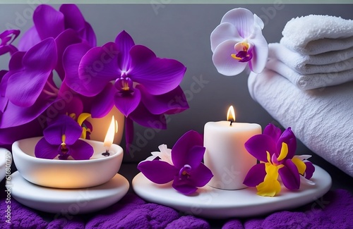 spa still life with candles and orchid beauty treatment items for spa procedures massage  essential towels and sea salt. copy space created with generative ai