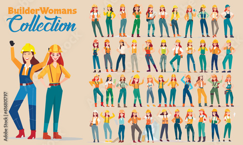 Young beautiful vector builder woman figures collection. Set of vector girls