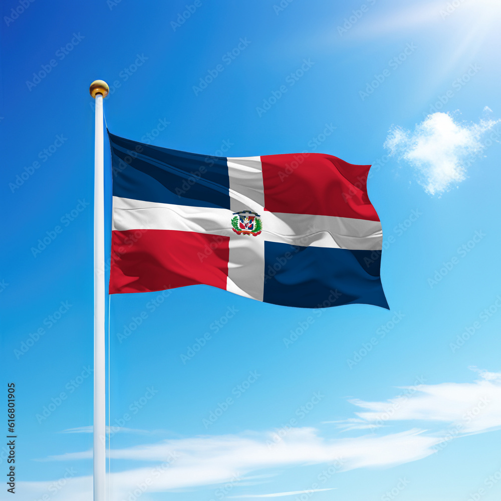 Waving flag of Dominican Republic on flagpole with sky background. Waving flag of Dominican Republic on flagpole with sky background.