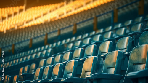 Empty seats in the stadium. Blue and orange seats in the stadium.generative ai © S...