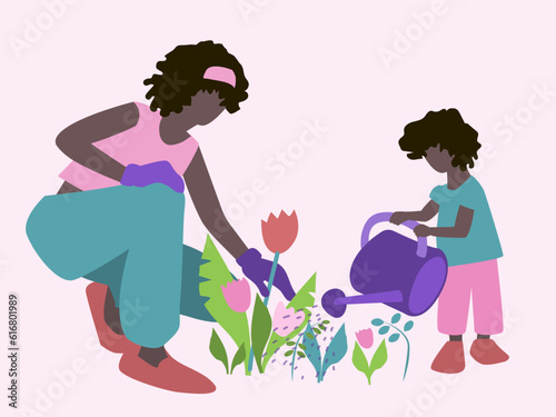 Mom and child working in the garden. Flowers, leaves. Water. A kid with a watering can. Black skin, dark hair. African. Pink, Brown, Lilac, Green, Emerald. For the design of banners, postcards, magazi